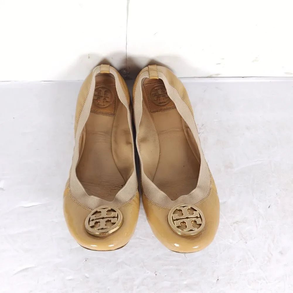 TORY BURCH Women's Caroline 2 US 8M Tan Leather Logo Slip On Ballet Flats